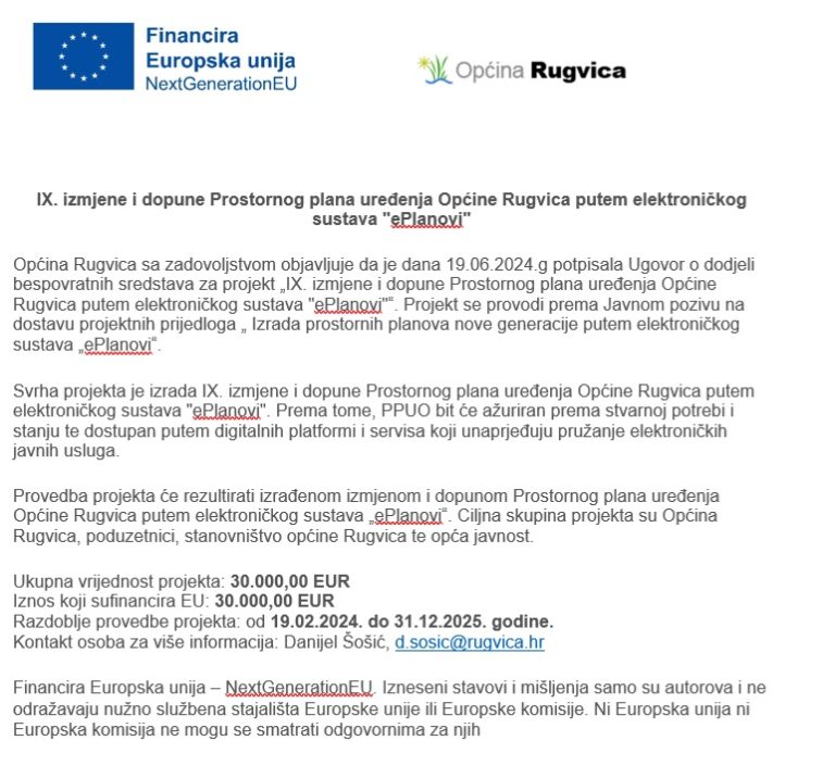 IX. izmjene i dopune Prostornog plana uređenja Općine Rugvica putem elektroničkog sustava “ePlanovi”
