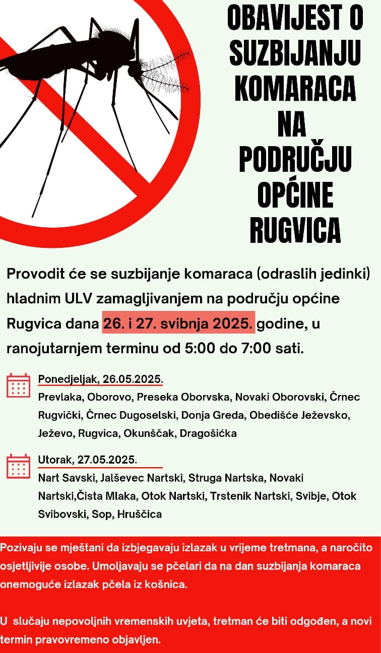 OBAVIJEST O PROVEDBI ADULTICIDNOG TRETMANA – SUZBIJANJE KOMARACA NA PODRUČJU OPĆINE RUGVICA